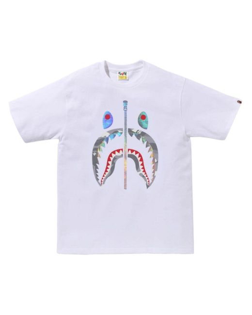 A Bathing Ape White Glitter Shark Cotton T-shirt for men