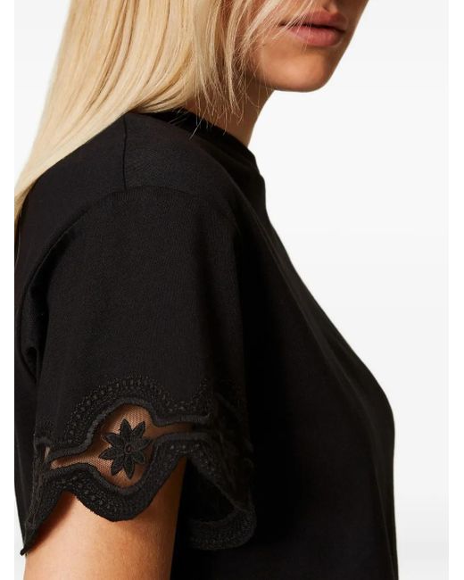 Twinset Black Scalloped-Lace Cotton T-Shirt