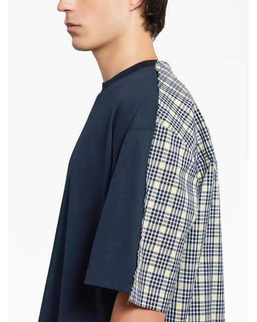 Marni Blue Plaid-Check Panel Cotton T-Shirt for men
