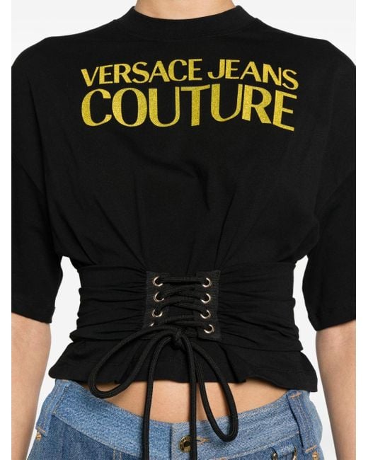 Versace Black Cropped-T-Shirt mit Logo-Print