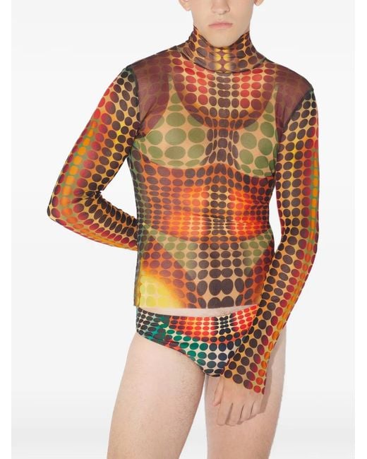 Jean Paul Gaultier Orange Long-Sleeve Dots Mesh Top