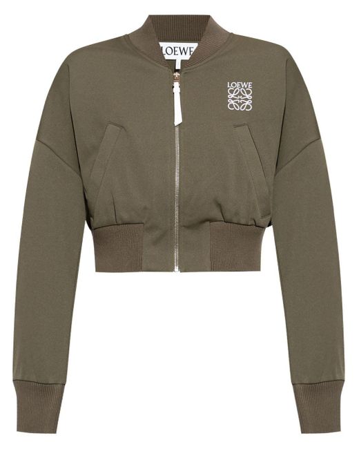 Loewe Green Logo-Embroidered Cropped Bomber Jacket