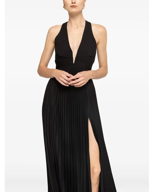 Nissa Black Pleated Satin Maxi Dress