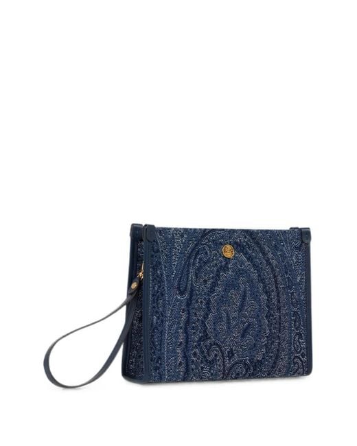 Etro Blue Pochette Moyenne En Denim Jacquard À Motif Paisley