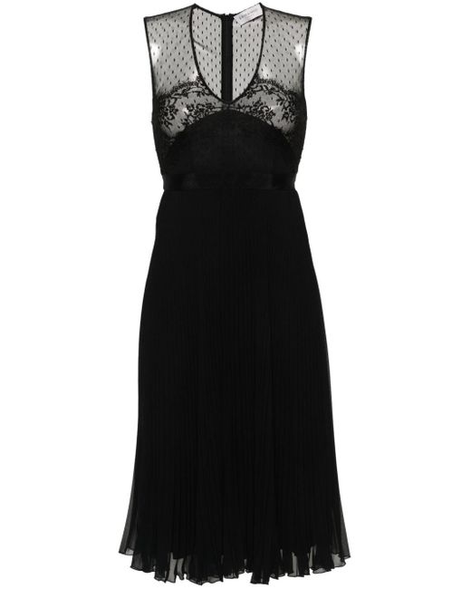 ERMANNO FIRENZE Black Floral-lace Pleated Midi Dress