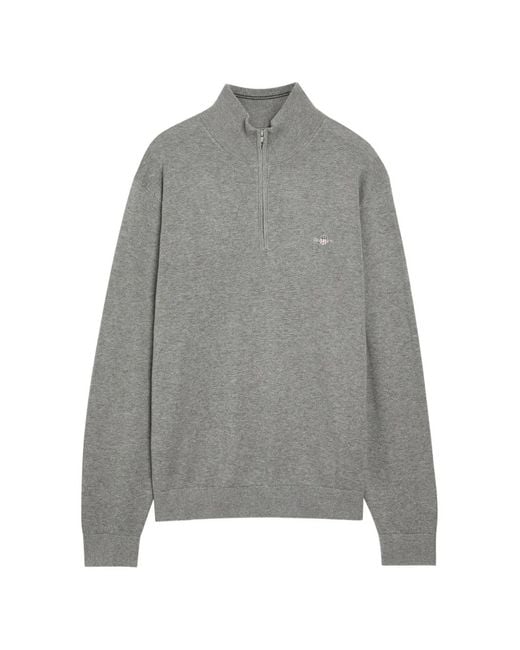 Gant Gray Classic Half-Zip Logo-Embroidered Sweater for men