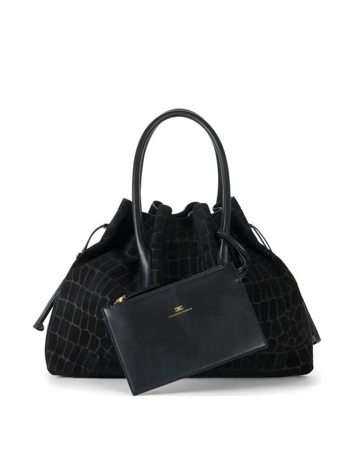 Elisabetta Franchi Black Crocodile Print Suede Bag