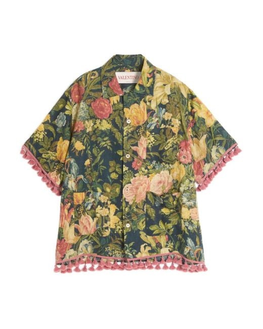 Valentino Garavani Green Apres L'Hiver-Print Linen Bowling Shirt for men