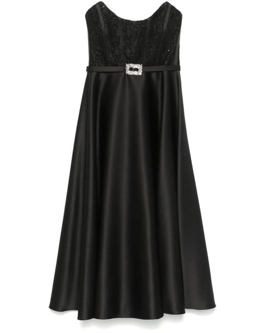 Nissa Black Corset-Style Taffeta Midi Dress