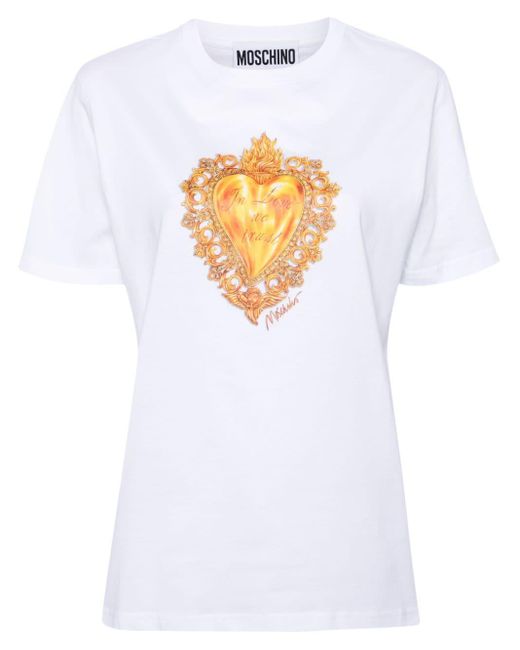 T-shirt en coton à imprimé cœur Moschino en coloris White