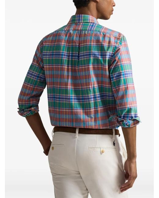 Polo Ralph Lauren Blue Plaid-Pattern Logo-Embroidered Shirt for men