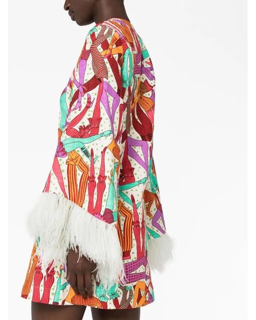 LaDoubleJ Red Feather-Trim Printed Cotton Dress