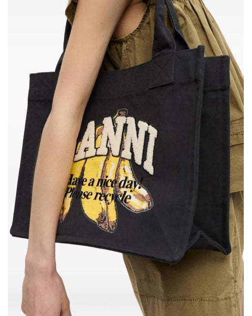 Ganni Black Banana Print Tote Bag