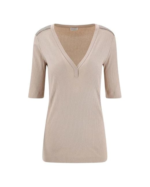 Brunello Cucinelli Natural T-Shirt Côtelé À Col V