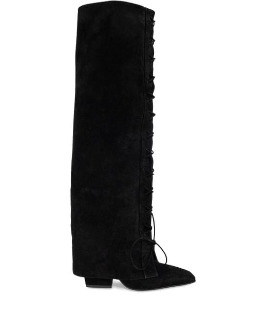Paris Texas Black 100Mm Lace-Up Pointed Over-The-Knee Boots