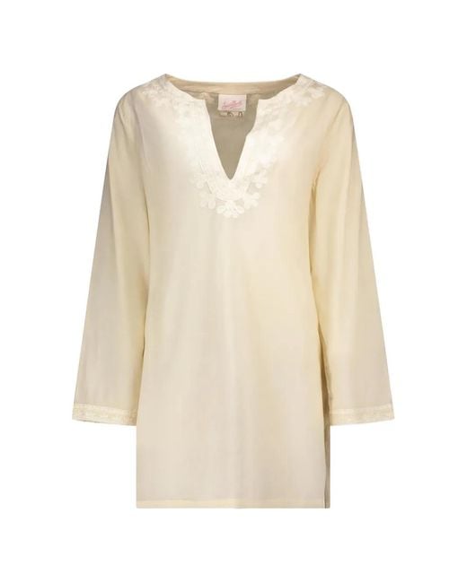 Mc2 Saint Barth White Cedy Embroidered-Trim V-Neck Dress