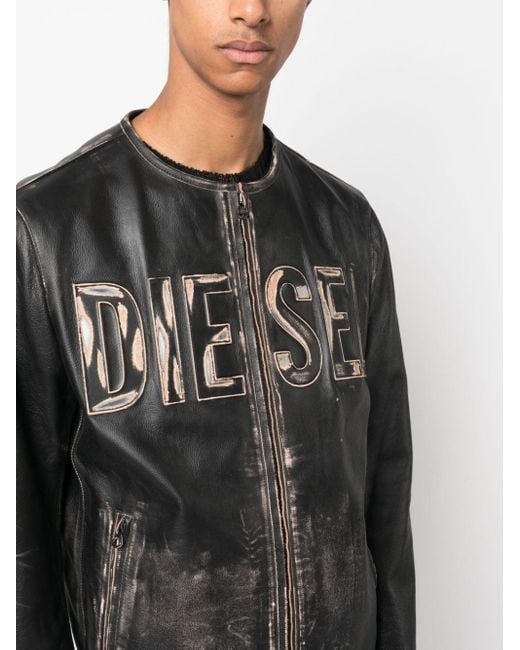 DIESEL Jacke aus vielgetragenem Leder mit Logo aus Metall in Black für Herren