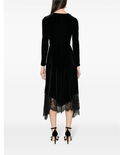Nissa Black Floral-lace Velvet Midi Dress