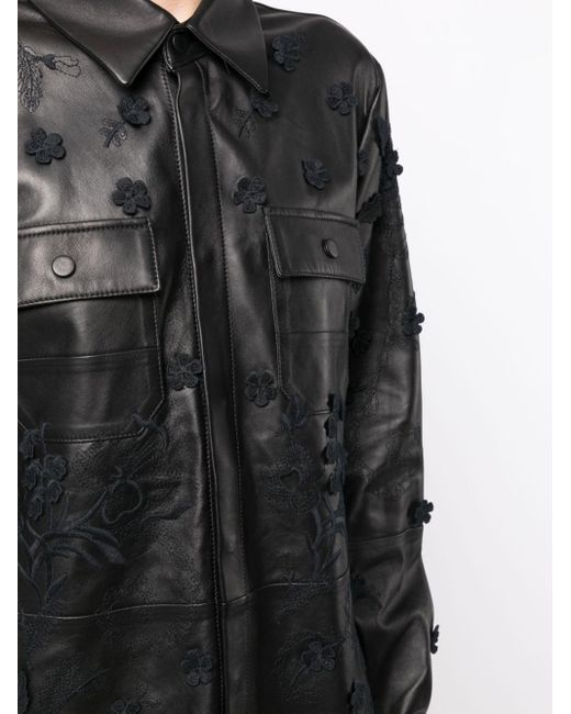 Elie Saab Black Floral-embroidered Leather Shirt Jacket