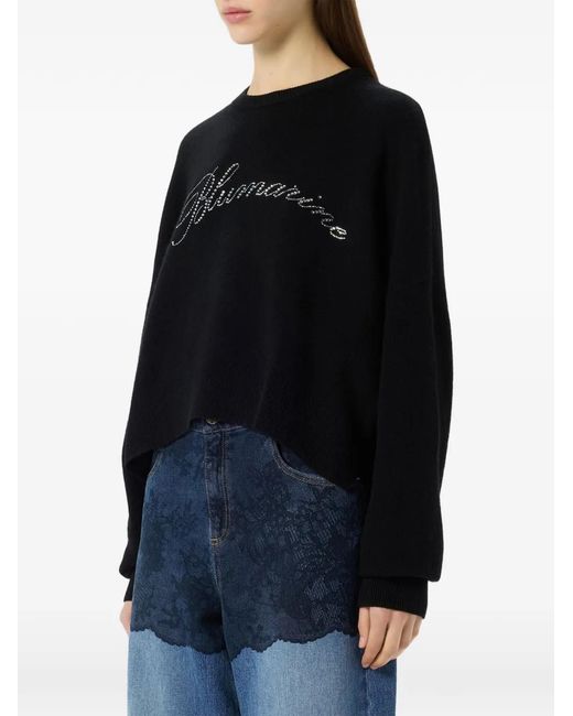 Blumarine Black Rhinestone-Logo Wool Sweater