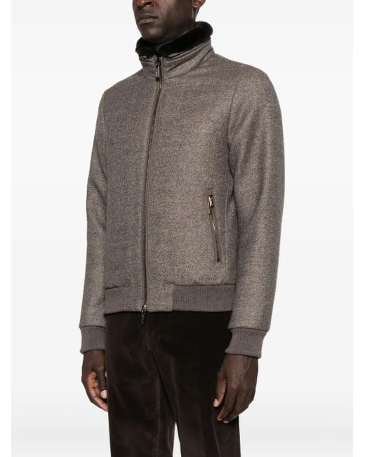 Moorer Brown Shearling-Collar Zip-Front Jacket for men