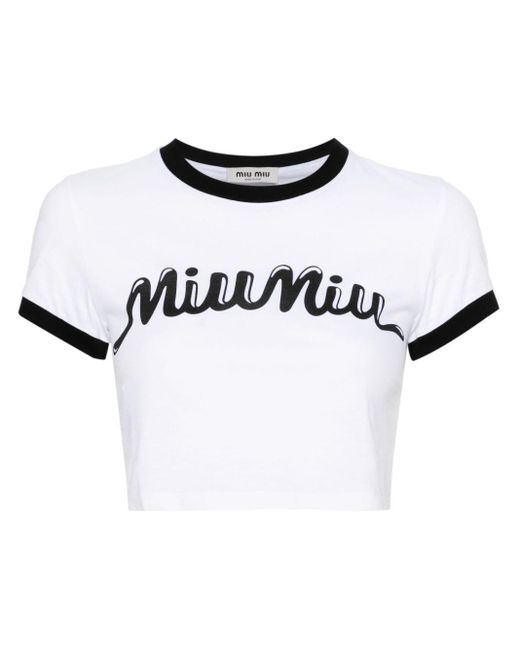 T-shirt crop à logo imprimé Miu Miu en coloris White