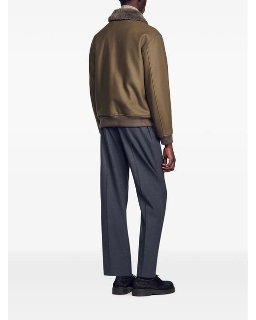 Sandro Brown Shearling-Collar Zip-Up Bomber Jacket for men