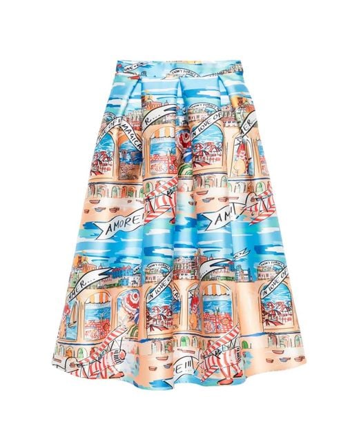 ALESSANDRO ENRIQUEZ Blue Beach-Print Midi Skirt