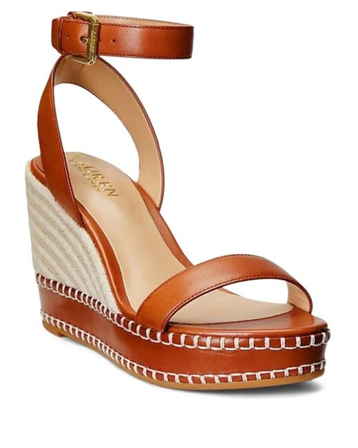 Ralph Lauren Brown 70Mm Leather Ankle-Strap Wedge Sandals