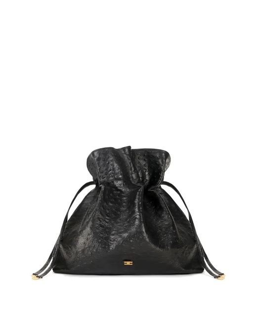Elisabetta Franchi Black Ostrich-Texture Leather Tote Bag