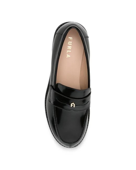 Furla Black College Logo-Plaque Leather Loafers