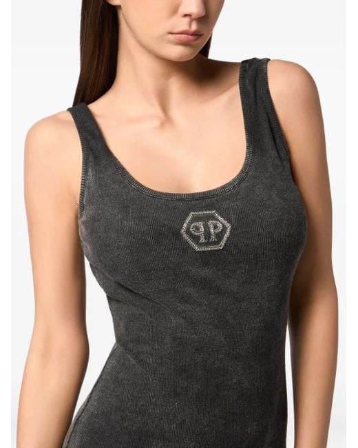 Philipp Plein Black Rib Long Tank Dress Stones Wash Hexagon