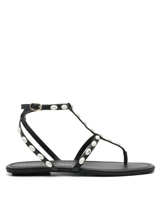 Stuart Weitzman Black Pearlita Leather Flat Sandals