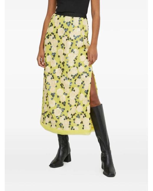 Munthe Yellow Sequin-Rose Midi Skirt