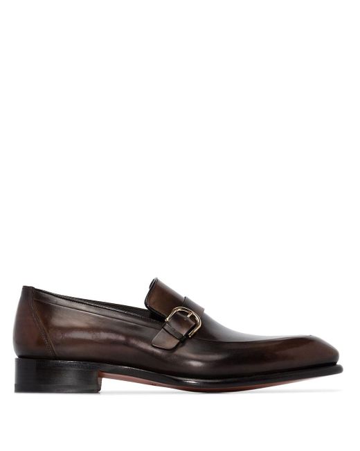 Santoni Brown Leather Monk Shoes for men
