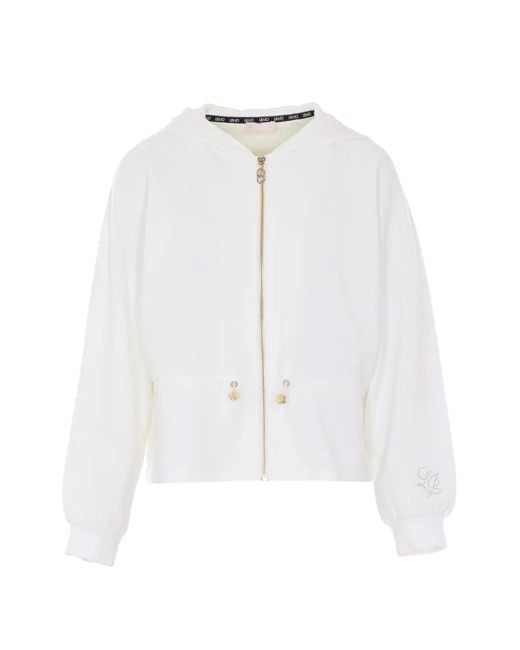 Liu Jo White Scuba Zip Strass Logo Hooded Jacket