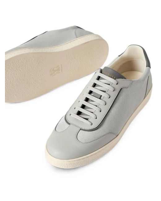Brunello Cucinelli White Suede And Polished Calfskin Sneakers for men