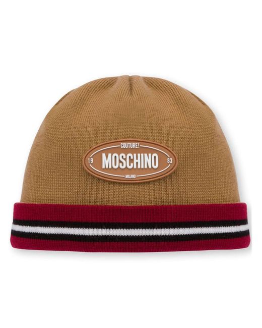 Bonnet en laine vierge à patch logo Moschino pour homme en coloris Brown