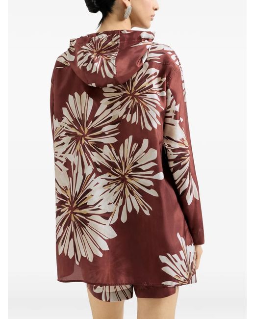 Brunello Cucinelli Red Silk Bloom Print Pongee Shirt With Hood