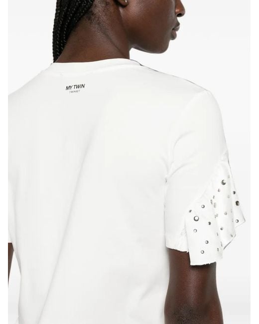 My Twin White Ruffle-Trimmed Studded T-Shirt