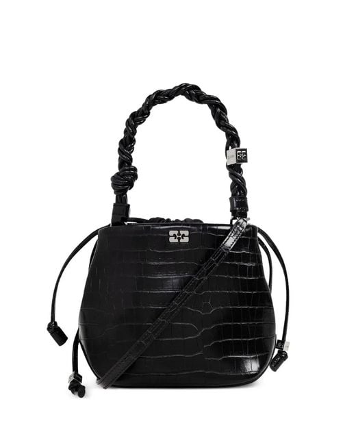 Ganni Black Crocodile-Embossed Leather Tote Bag