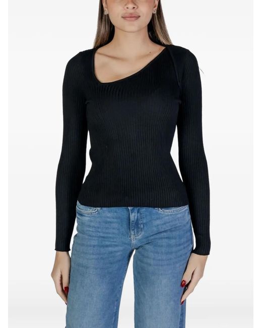Vila Black Ribbed Asymmetric-Neck Top