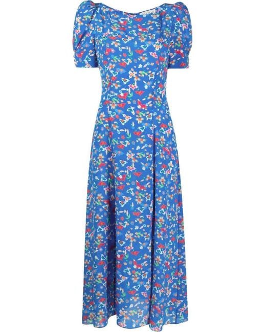 Saloni Blue Eva Floral-print Silk Dress