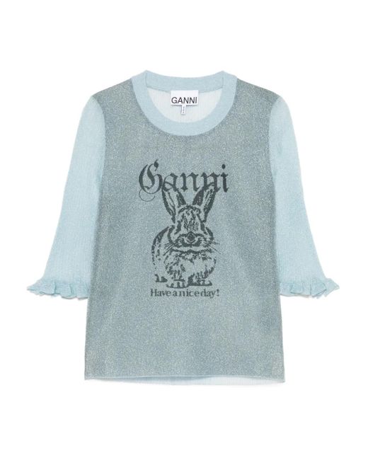 Ganni Blue Bunny Crewneck Top