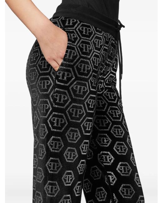 Philipp Plein Black Monogram-Embellished Velvet Trousers