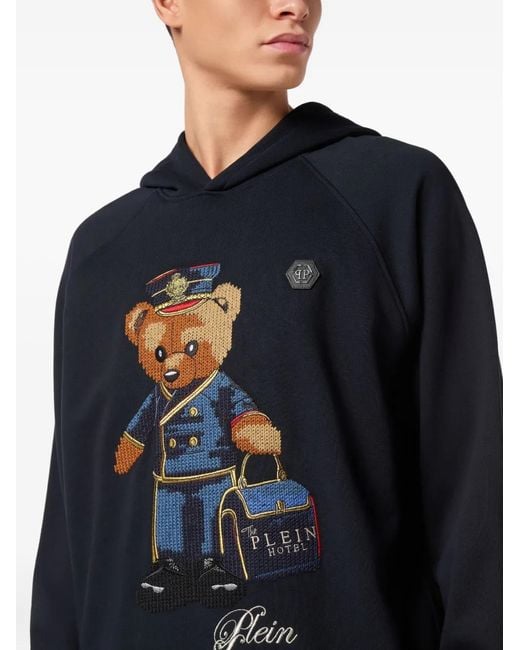 Philipp Plein Blue Teddy-Bear Embroidered Hoodie for men