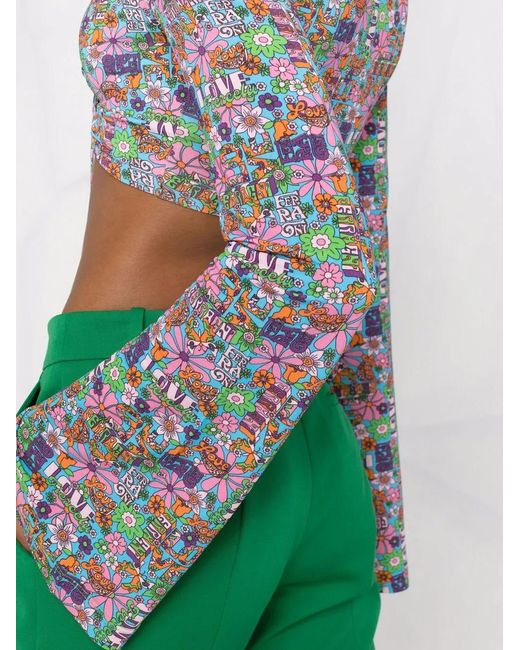 Chiara Ferragni Blue Floral-print Cropped Wrap Top
