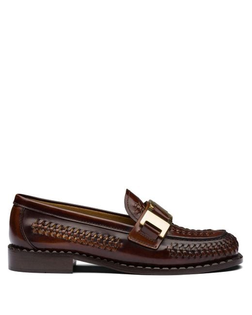 Prada Brown Buckled Woven Loafers