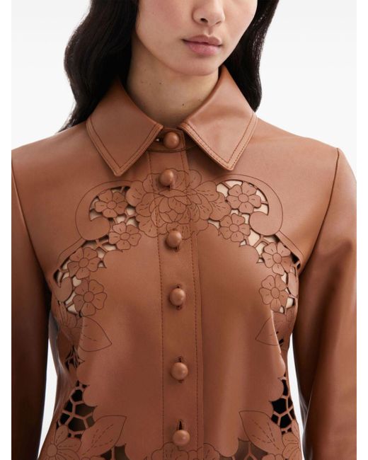 Oscar de la Renta Brown Laser-cut Floral Leather Shirt Dress