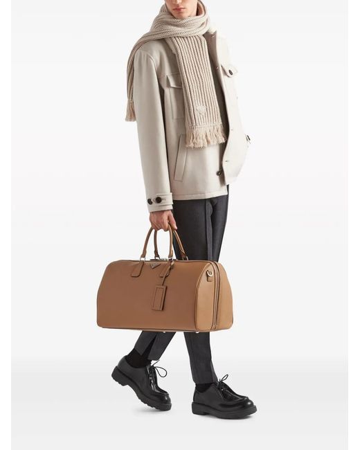 Prada Natural Triangle-Logo Leather Large Bag